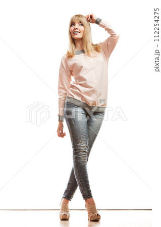 blonde fashion woman in shirt denim pants blonde fashion woman in shirt denim pants 112254275