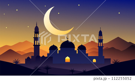 Peaceful mosque silhouette against twilight sky Peaceful mosque silhouette against twilight sky 112255052