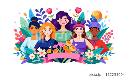 Diverse group of happy women surrounded by flowers 112255094