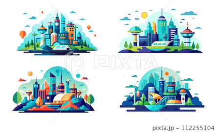 Colorful vector illustrations of futuristic cityscapes with modern architecture 112255104