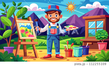 Cheerful artist painting colorful landscape outdoors 112255109