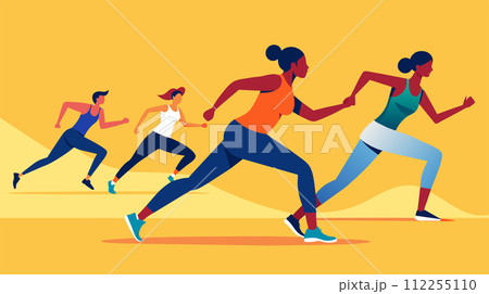 Dynamic group of runners in motion - vector illustration of fitness and marathon concept 112255110