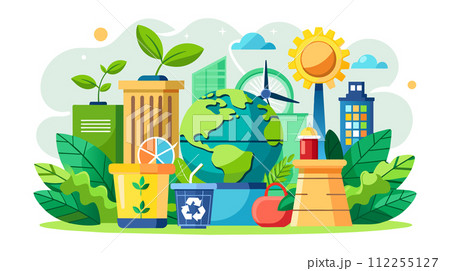 Eco-friendly urban landscape with renewable energy and recycling symbols Eco-friendly urban landscape with renewable energy and recycling symbols 112255127