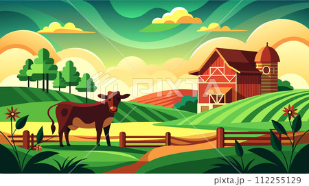 Idyllic farm scene with cow and barn at sunrise Idyllic farm scene with cow and barn at sunrise 112255129
