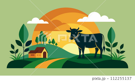 Idyllic countryside scene with cow and farmhouse at sunset 112255137