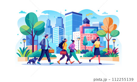 Diverse people walking in urban city park illustration Diverse people walking in urban city park illustration 112255139