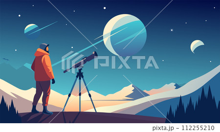 Astronomy enthusiast using telescope for stargazing in mountainous landscape vector illustration Astronomy enthusiast using telescope for stargazing in mountainous landscape vector illustration 112255210