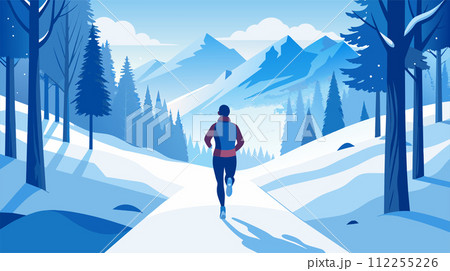 Solitary runner jogging through snowy mountain landscape in winter Solitary runner jogging through snowy mountain landscape in winter 112255226