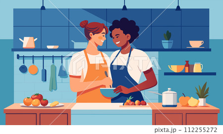 Diverse couple cooking together in a modern kitchen Diverse couple cooking together in a modern kitchen 112255272