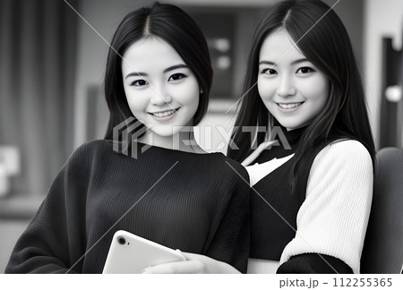 Cinematic girl smiles phone captures maximum details. 112255365