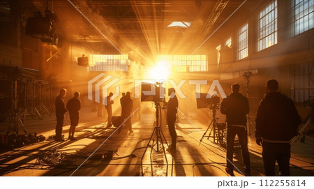 AI-generated content. Warm light on film set bathed, creating silhouette effect. Indoor space with natural light. Crew members working with filming equipment 112255814