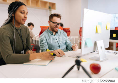 Portrait of male teacher, manager or mentor helping African-American student, new employee, teaching intern, explaining online job using laptop computer, talking, having teamwork discussion in office. 112255908
