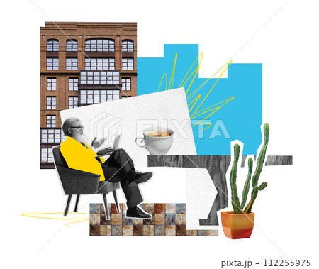 Modern aesthetic artwork. Mature entrepreneur sitting with laptop holds meeting at coffee break in cafe. Abstract collage. Modern aesthetic artwork. Mature entrepreneur sitting with laptop holds meeting at coffee break in cafe. Abstract collage. 112255975