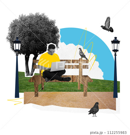 Contemporary art collage. Young man studying online sitting on bench at park while pigeons flying around. Contemporary art collage. Young man studying online sitting on bench at park while pigeons flying around. 112255983