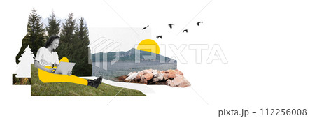 Banner. Contemporary art collage. Young lady working in a distance, Businesswoman employee speak talk on video call while sitting in forest or park. Banner. Contemporary art collage. Young lady working in a distance, Businesswoman employee speak talk on video call while sitting in forest or park. 112256008