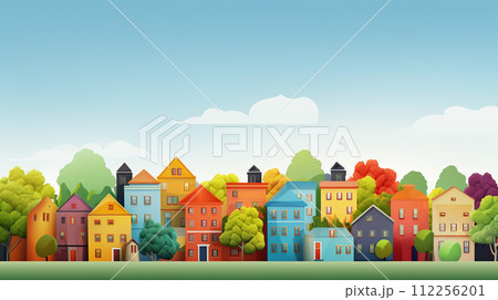 skyline of family colorful houses in sustainable city with green trees illustration 112256201