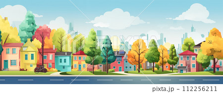 skyline of family colorful houses in sustainable city with green trees illustration 112256211