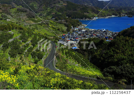 【愛媛県】晴天の宇和海狩浜の段畑と農漁村景観 【愛媛県】晴天の宇和海狩浜の段畑と農漁村景観 112256437