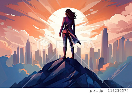 AI-generated content. hero business woman with cape stand on a cliff illustration 112256574