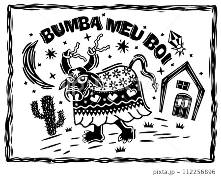 Bumba meu boi. Traditional folk dance from north-eastern Brazil. Cordel woodcut illustration. 112256896