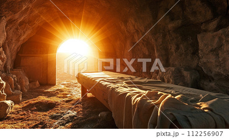 biblical scene of Resurrection Of Jesus Christ, Tomb Empty with sun rayes,  Easter 112256907