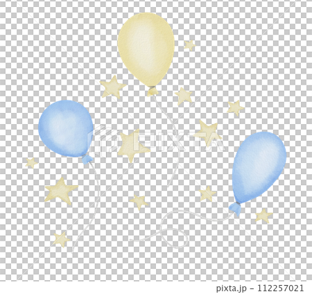Air Balloons watercolor set. Hand drawn illustration with light blue and yellow pastel Ballons. Cute set for birthday party greeting cards or Baby shower invitations. Collection with stars. Air Balloons watercolor set. Hand drawn illustration with light blue and yellow pastel Ballons. Cute set for birthday party greeting cards or Baby shower invitations. Collection with stars. 112257021