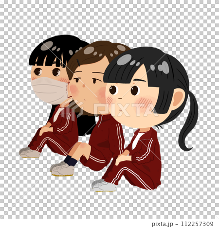 Illustration of female students wearing gym clothes and jerseys doing physical education sitting [group of three] 112257309