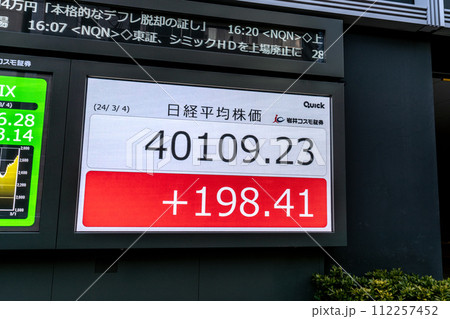 日本の東京都市景観 4万円台日経平均株価史上最高値更新…株価ボード(終値)…「兜町」交差点…=4日 日本の東京都市景観 4万円台日経平均株価史上最高値更新…株価ボード(終値)…「兜町」交差点…=4日 112257452
