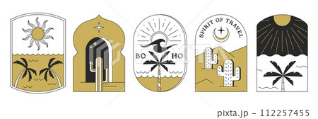Boho logos or emblems with cactus, palm tree, desert landscape, moon and sun 112257455