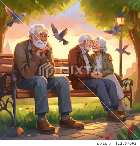 高齢カップルの隣で孤独を感じている老人 高齢カップルの隣で孤独を感じている老人 112257662