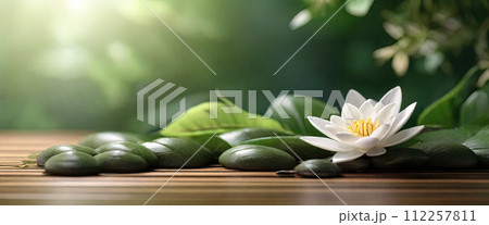 Spa Concept - Massage Stones With Towels And Flowers. AI-generated item Spa Concept - Massage Stones With Towels And Flowers. AI-generated item 112257811