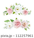 Delicate spring flowers bouquet. Floral wreath vector watercolor illustration. Blush pink rose, white lisanthus, dahlia, delicate greenery leaves, eucalyptus branches, seeds. Editable chic element set 112257961
