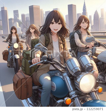 オートバイでツーリングを楽しむ女性たち 112259071