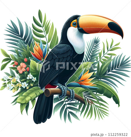 Toucan bird with tropical plants and flowersのイラスト素材 [112259322] - PIXTA