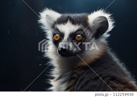 A black and white ringed tail lemur sits alert in its natural habitat by Generative AI A black and white ringed tail lemur sits alert in its natural habitat by Generative AI 112259430