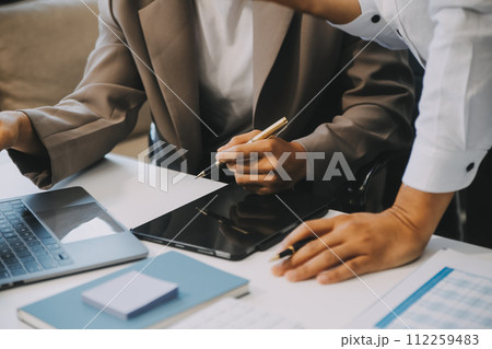 Business team working with new startup project plan and discussion information for financial strategy with laptop and digital tablet in a modern business lounge. Business team working with new startup project plan and discussion information for financial strategy with laptop and digital tablet in a modern business lounge. 112259483