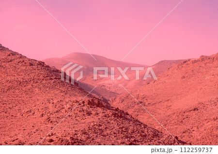 Mountain desert in trendy pacific pink color. Negev desert in Israel at sunset Mountain desert in trendy pacific pink color. Negev desert in Israel at sunset 112259737