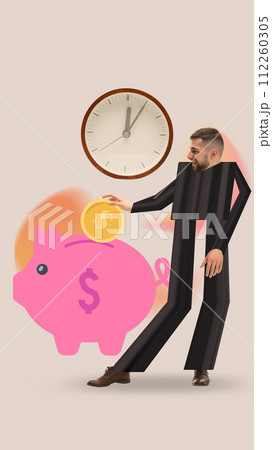 Contemporary art collage. Savings. Young man with long arms and legs puts to pink pig bank golden coin. 112260305