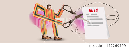 Banner. Contemporary art collage. Man in painted formal suit with long arms and legs cutting bills with scissors. 112260369