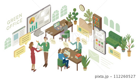 リラックスできるオフィスのアイソメトリックイラスト リラックスできるオフィスのアイソメトリックイラスト 112260527