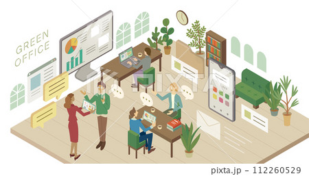 リラックスできるオフィスのアイソメトリックイラスト リラックスできるオフィスのアイソメトリックイラスト 112260529