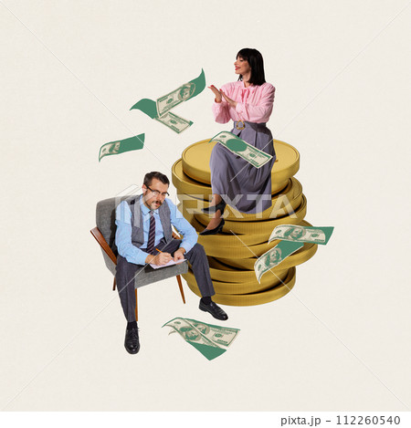 Man in suit sitting on chair, managing and planning family budget while woman sitting on coins stacks and spending impulsively money 112260540