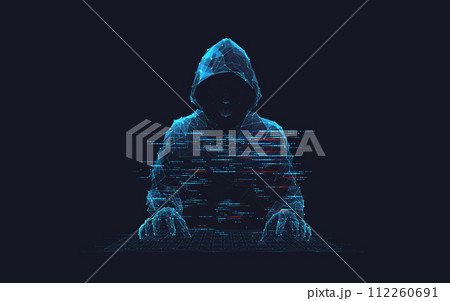 Abstract digital hacker. Cyber security concept. A man wearing hoodie 112260691