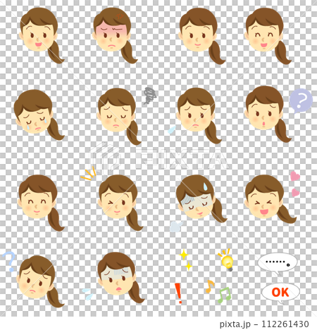 髪を後ろでまとめた若い女性の顔だけ表情セット(喜怒哀楽) 髪を後ろでまとめた若い女性の顔だけ表情セット(喜怒哀楽) 112261430