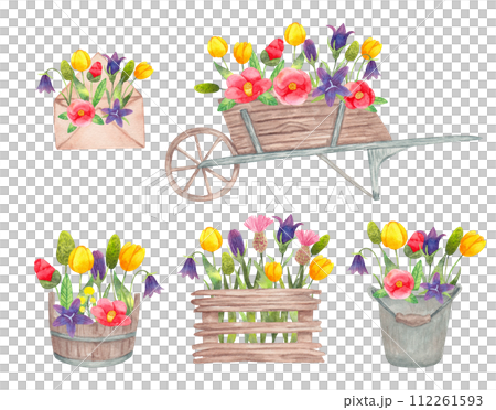 Collection of wooden objects with flowers.Watercolor illustration. Spring botanical clip art for Easter.Hand drawn isolated art.Seasonal decoration with tulips, camellia,thistles and bluebells 112261593