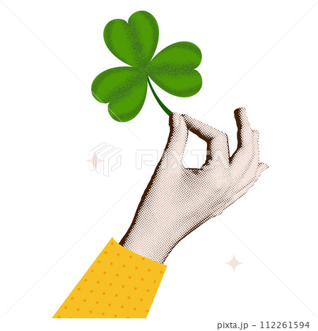 Vintage halftone collage hand holding clover leaf. Female torn out paper arm with green shamrock, luck and success symbol. Vector cartoon realistic illustration isolated. St. Patrick banner template 112261594