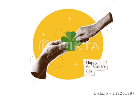Trendy Saint Patrick's Day design with torn out paper hands holding shamrock leaf in y2k halftone collage style. Template greeting Card with nostalgic Halftone hands. Vector illustration isolated Trendy Saint Patrick's Day design with torn out paper hands holding shamrock leaf in y2k halftone collage style. Template greeting Card with nostalgic Halftone hands. Vector illustration isolated 112261597