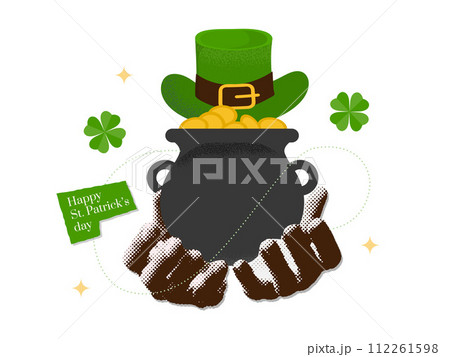 Saint Patrick's Day card design. Halftone collage hands holding pot of money. 00s Y2k retro Ireland aesthetic. Saint Patrick mixed media concept. Vector art for social media 112261598