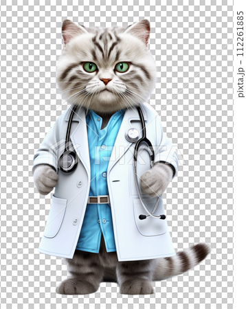 Doctor - cat 3d in a white medical coat with a stethoscope on a transparent background. Doctor - cat 3d in a white medical coat with a stethoscope on a transparent background. 112261885