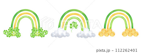 Collection of rainbows with clouds and shamrocks, gold coins for St. Patrick's Day. Illustration with watercolors. Yellow green pictures with clover. Isolated image for postcard, flyer, sticker 112262401